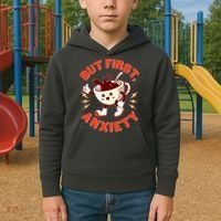 Funny But First Anxiety Cute Cartoon Coffee Kids Hoodie thumb 2