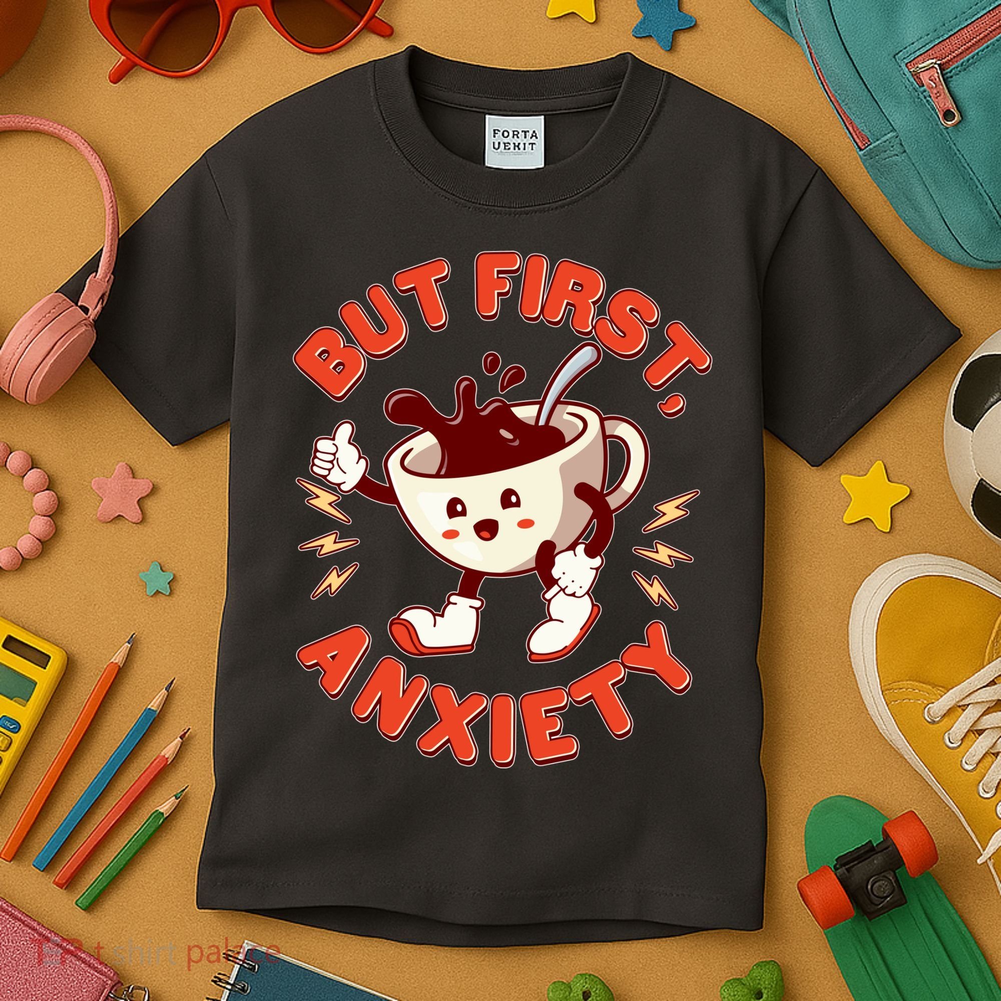 Funny But First Anxiety Cute Cartoon Coffee Kids T-Shirt