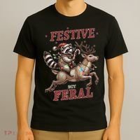 Festive But Feral Funny Christmas Raccoon Xmas Holiday T-Shirt thumb 3