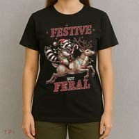 Festive But Feral Funny Christmas Raccoon Xmas Holiday T-Shirt thumb 4