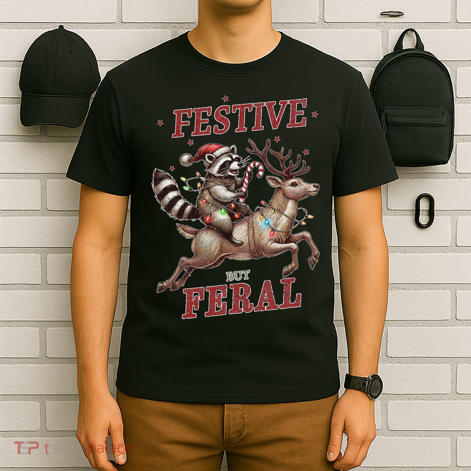 Festive But Feral Funny Christmas Raccoon Xmas Holiday T-Shirt