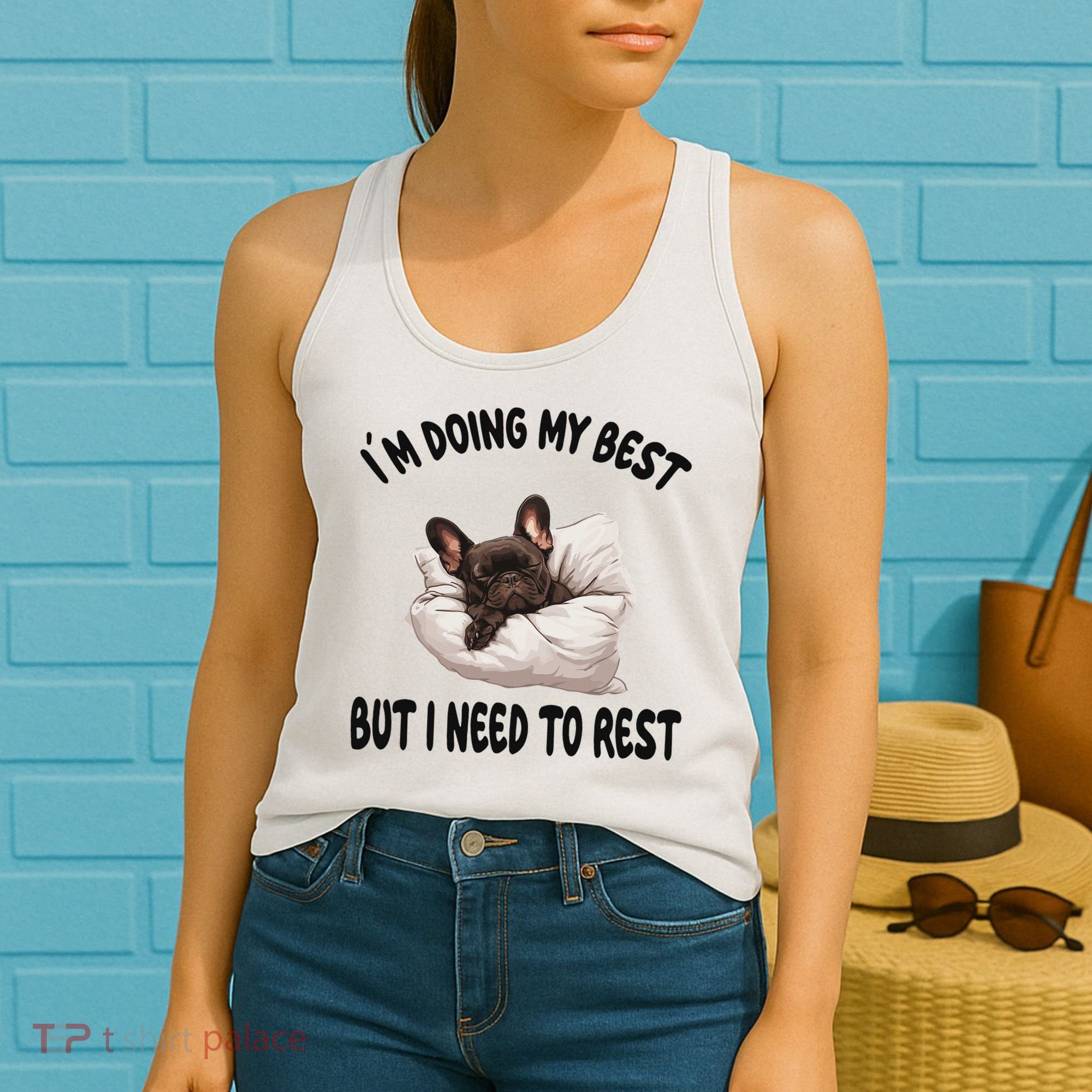 French Bulldog Frenchie Dog Pajamas Sleeping Napping Women's Tank Top