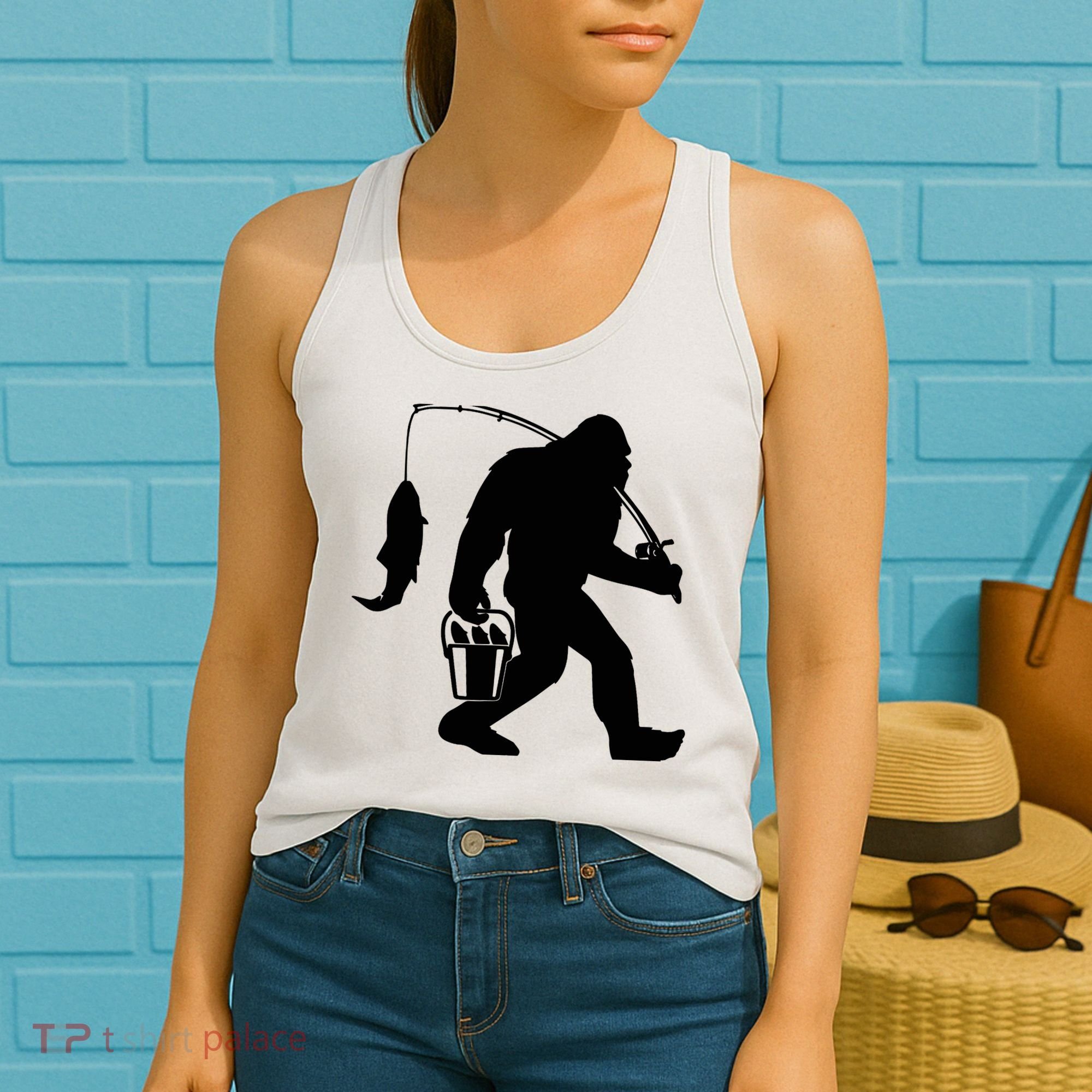 Funny Bigfoot Fishing Sasquatch Gift Women's Tank Top