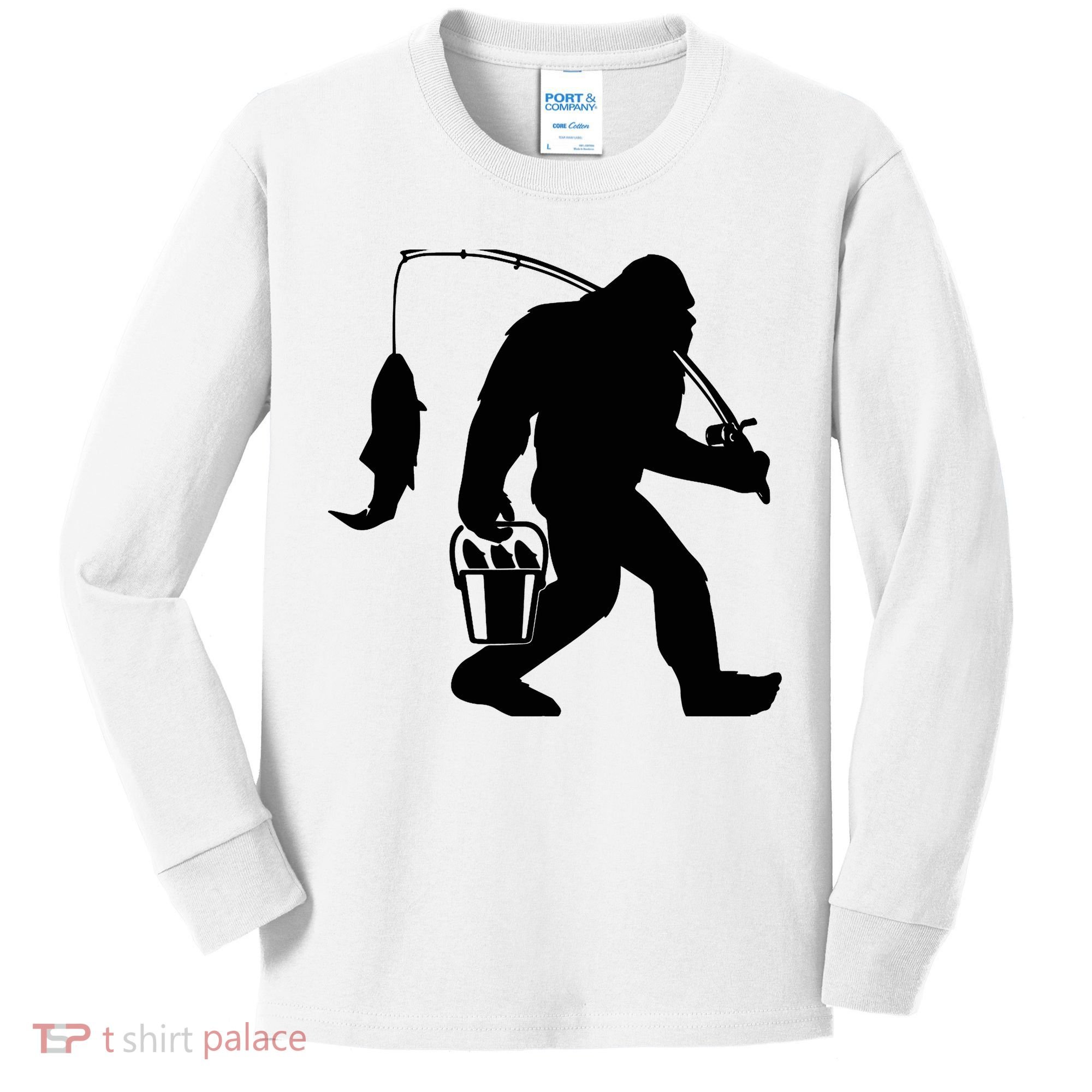 Funny Bigfoot Fishing Sasquatch Gift Kids Long Sleeve Shirt