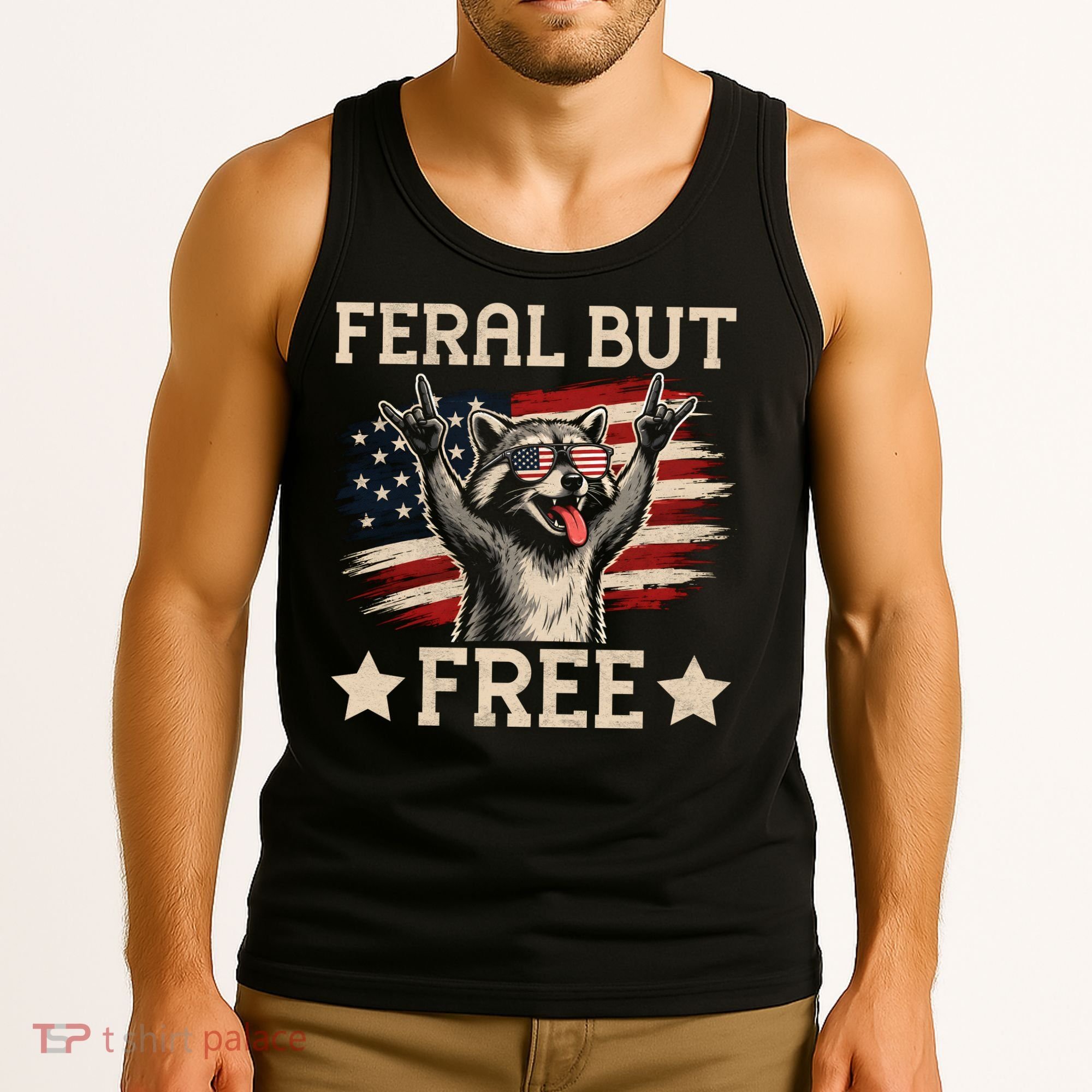 Feral But Free Raccoon USA Freedom America Tank Top