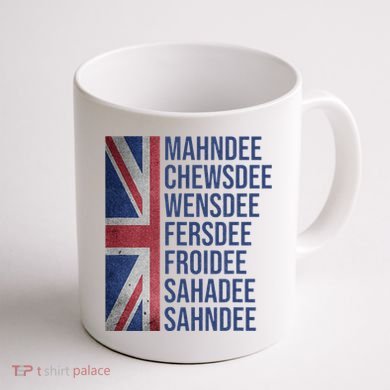 Funny British Flag Cockney Accent Days Of The Week London Coffee Mug back