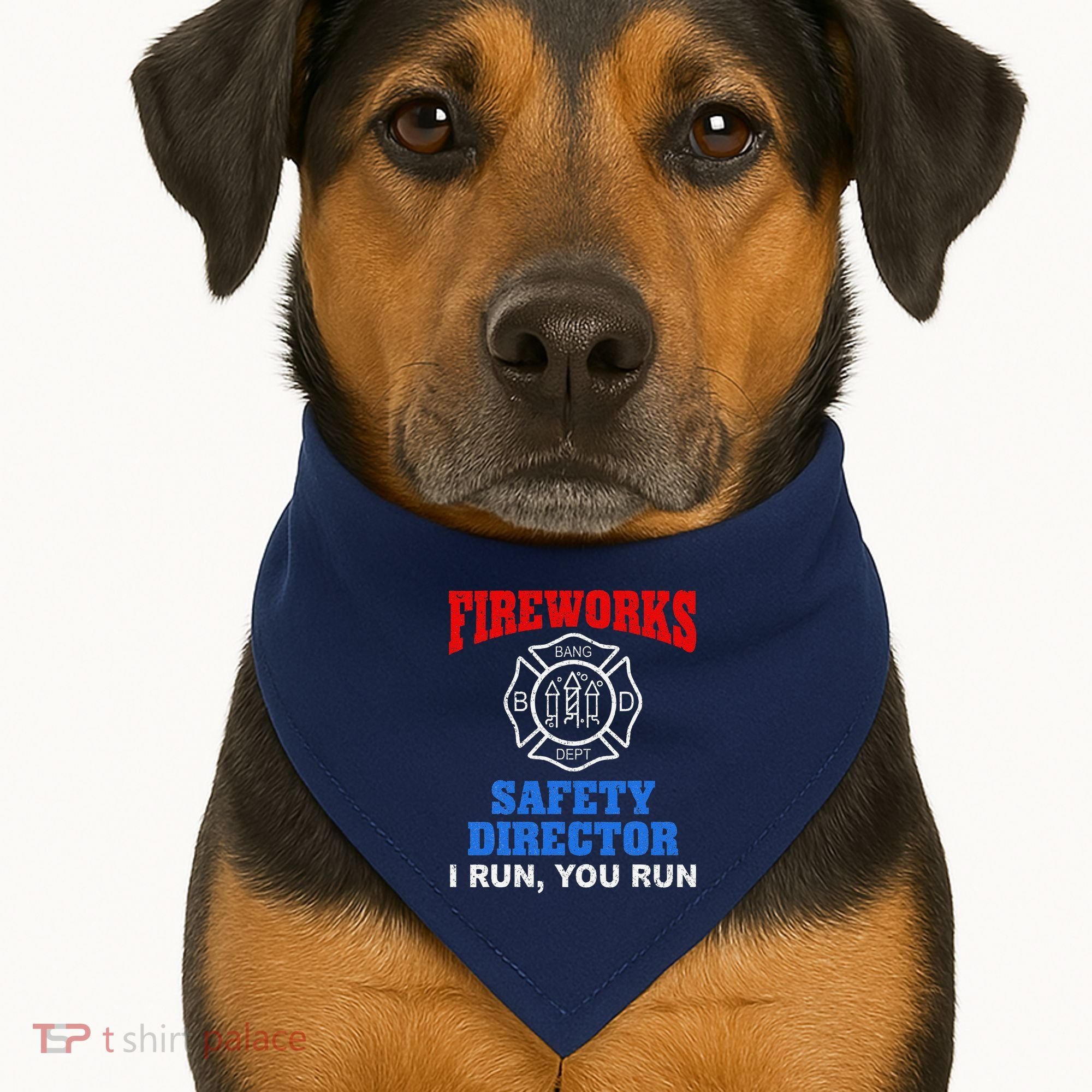 Funny Bang Firecracker Firework Safety Director I Run You Run USA-Made Doggie Bandana