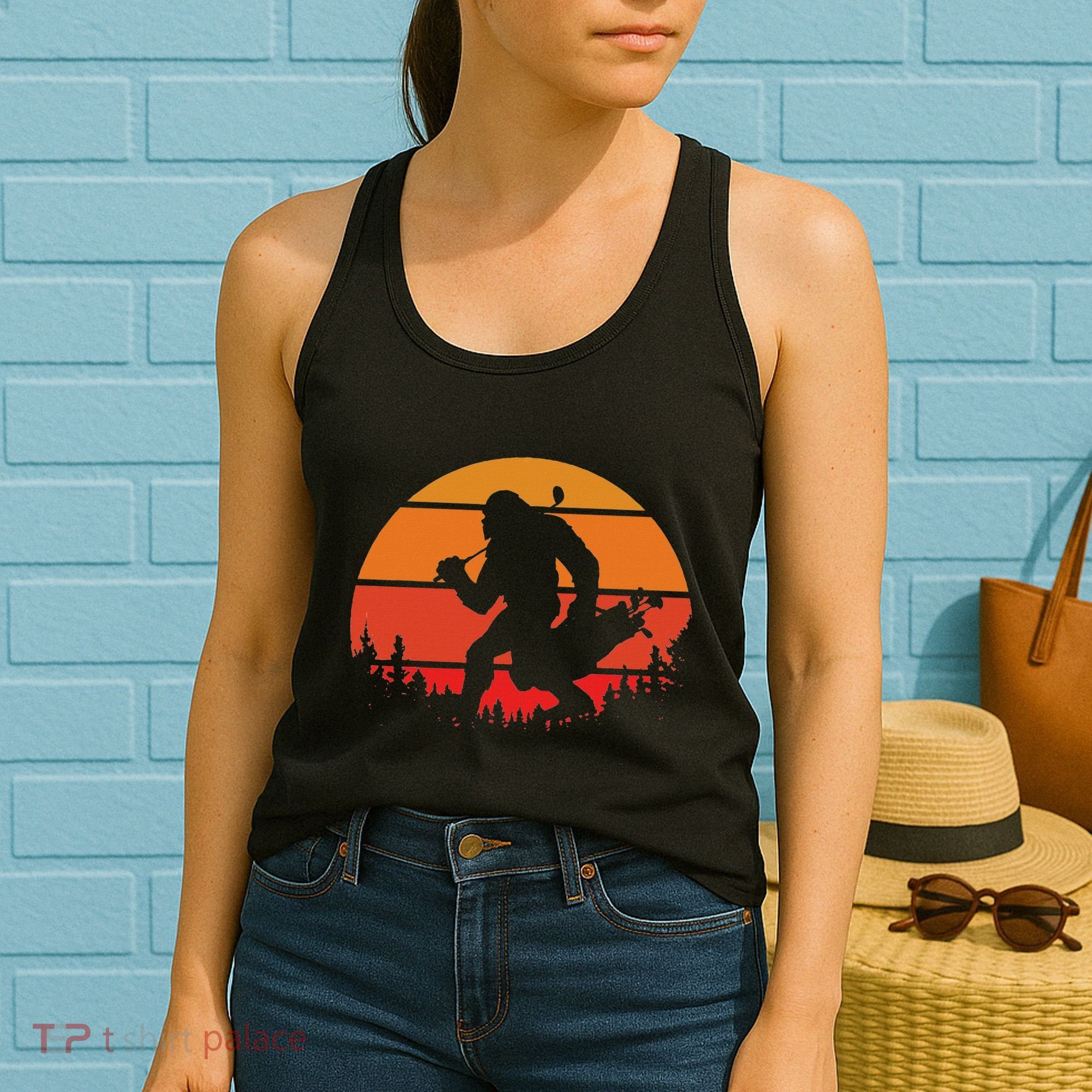 Funny Bigfoot Golf Retro Sasquatch Playing Golf Women's Tank Top