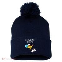 Funny Bowling Gift Women Cute Bowling Chick Sports Athlete Pom Pom 12in Knit Beanie thumb 0