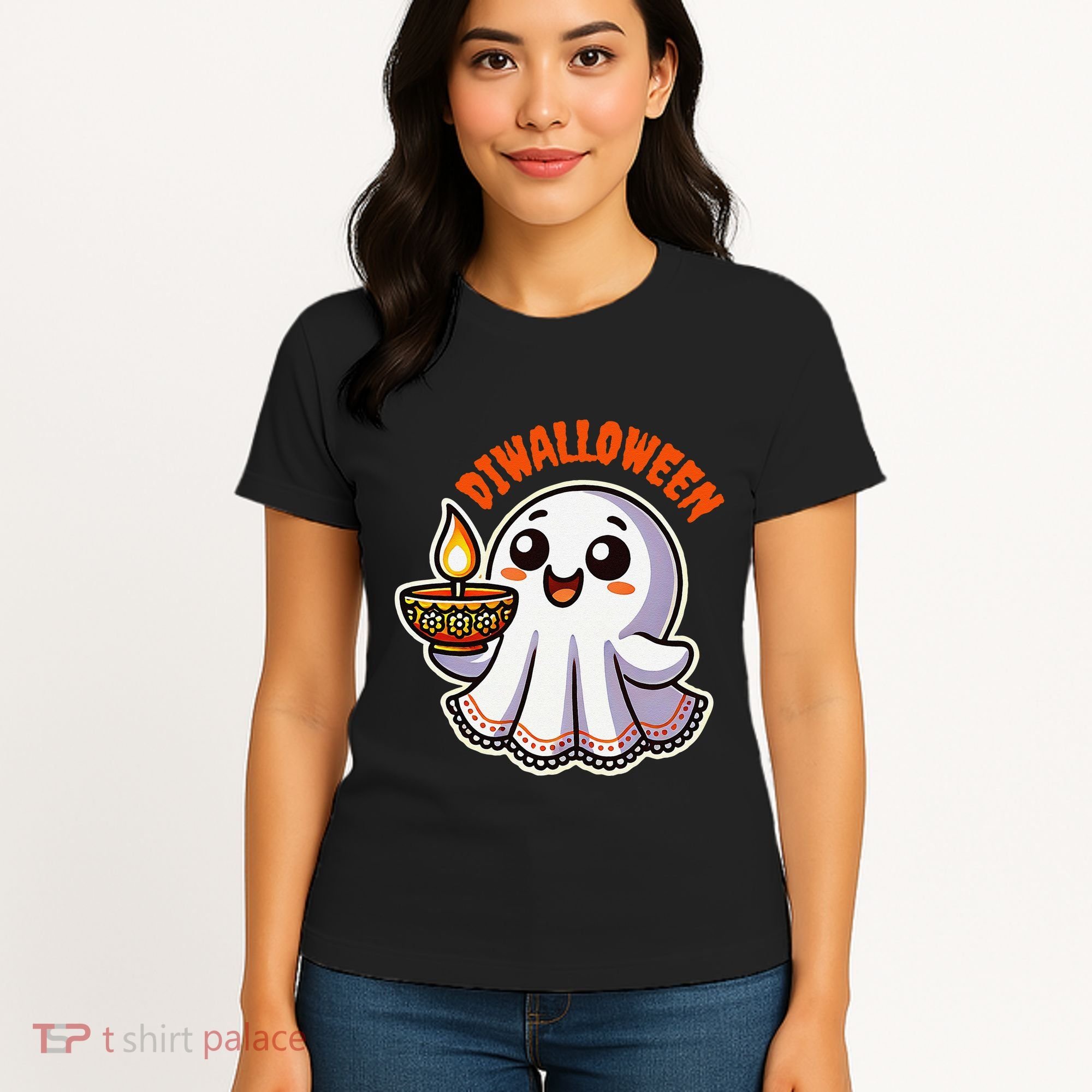 Fun Boo Ghost Lantern Diwali Deepavali Halloween Diwalloween Women's T-Shirt
