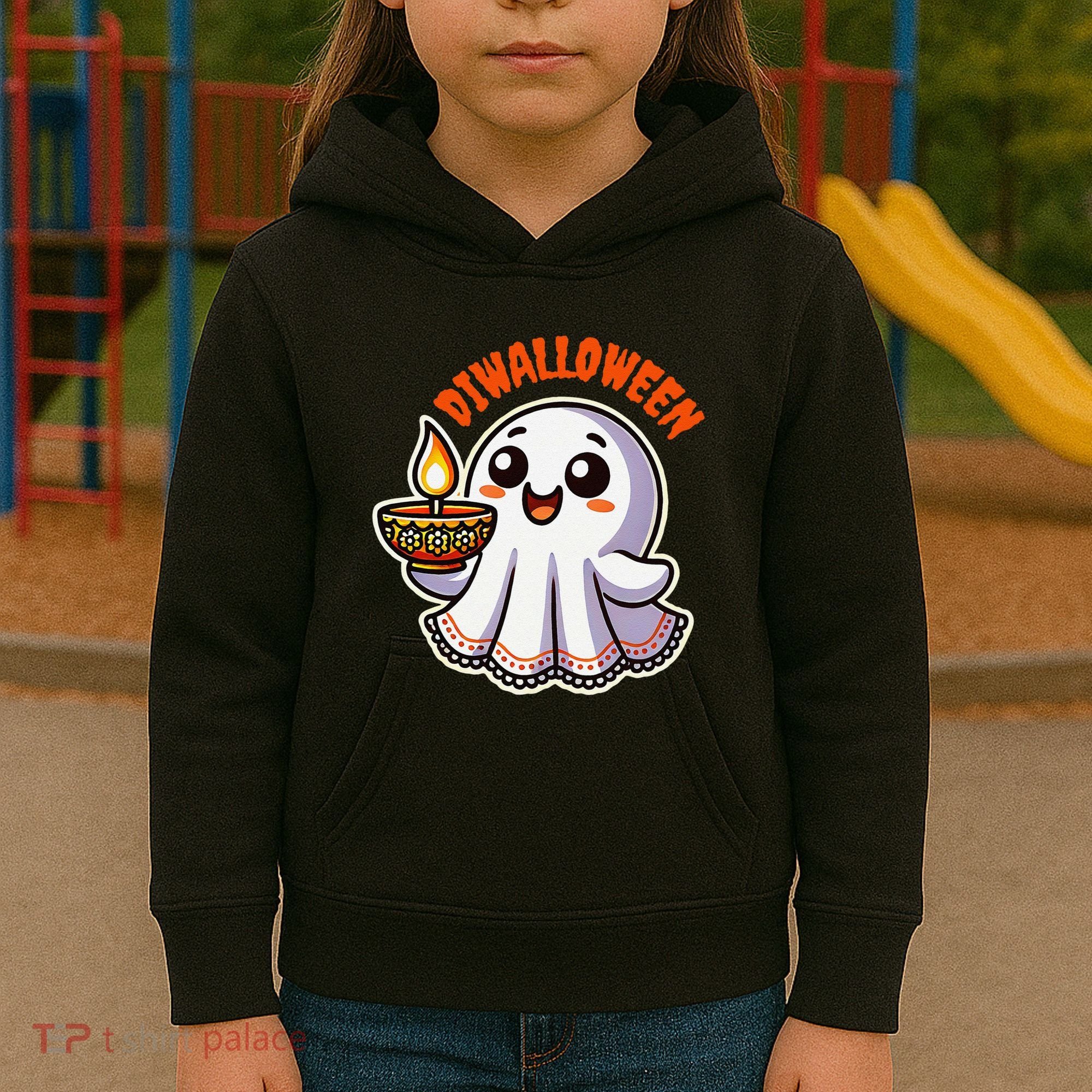 Fun Boo Ghost Lantern Diwali Deepavali Halloween Diwalloween Kids Hoodie