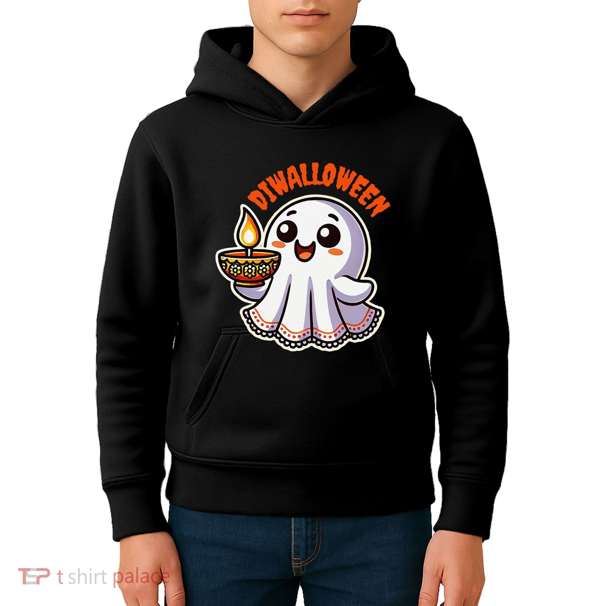 Fun Boo Ghost Lantern Diwali Deepavali Halloween Diwalloween Kids Hoodie