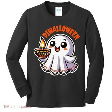 Fun Boo Ghost Lantern Diwali Deepavali Halloween Diwalloween Kids Long Sleeve Shirt