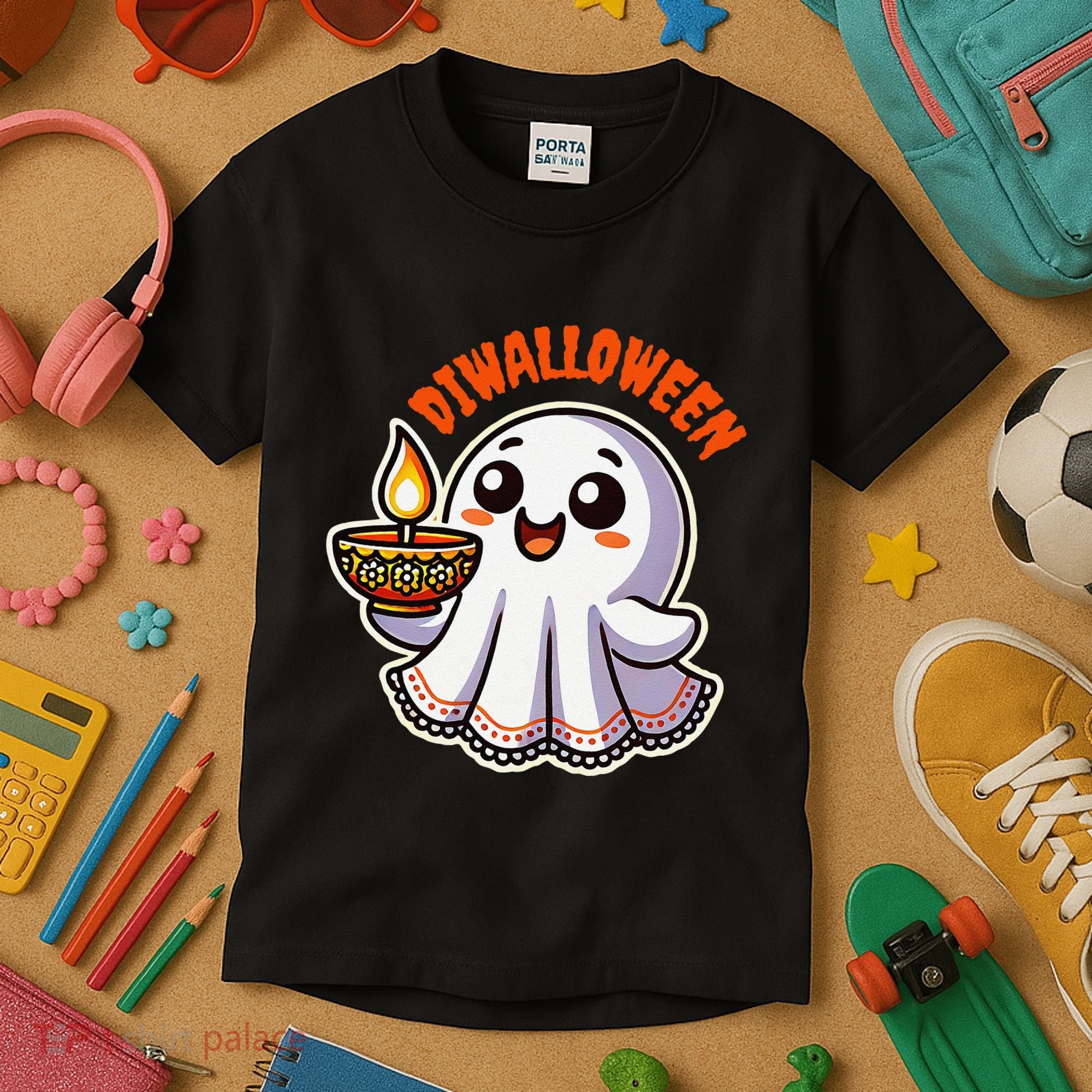 Fun Boo Ghost Lantern Diwali Deepavali Halloween Diwalloween Kids T-Shirt