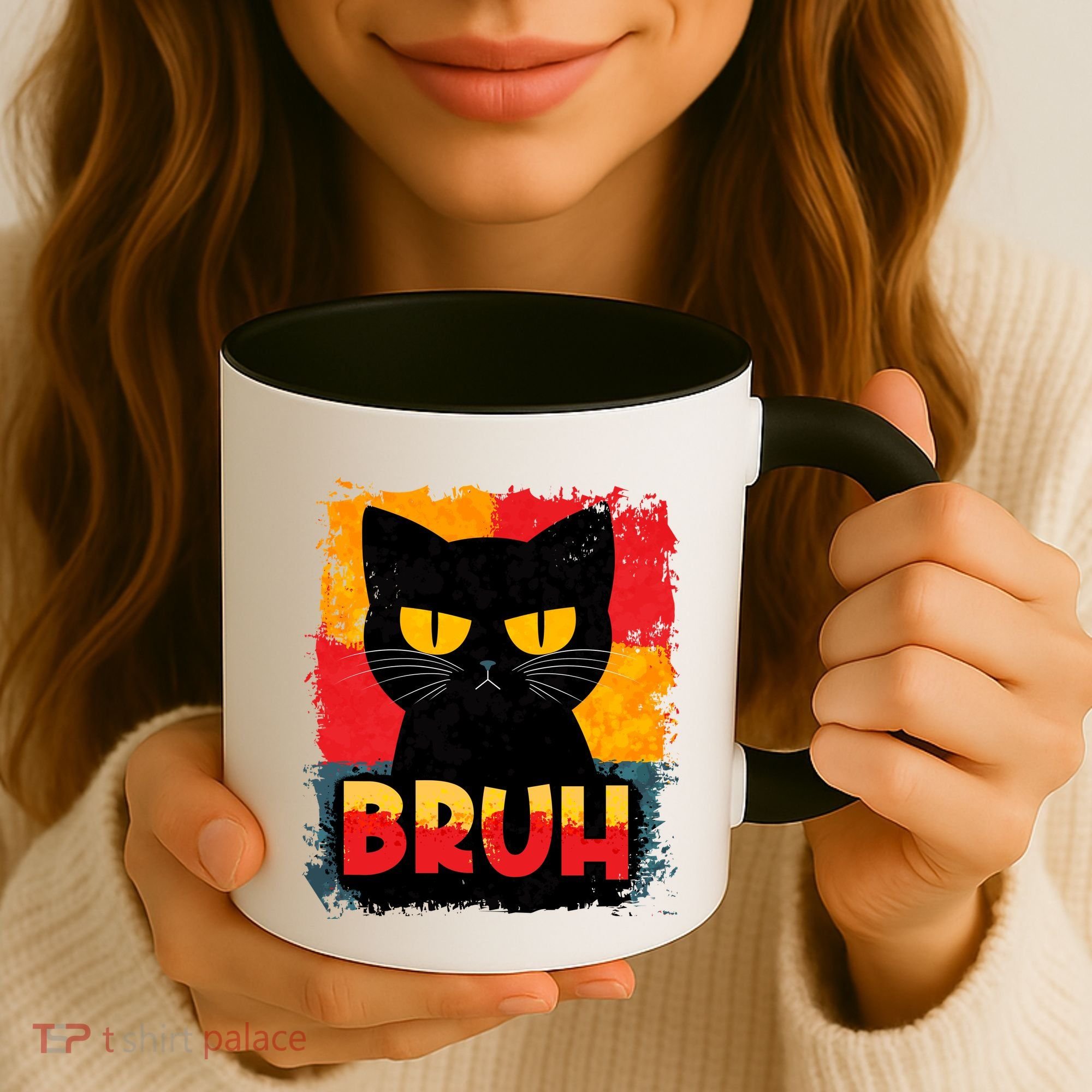 Funny Bruh Grumpy Black Cat Coffee Mug