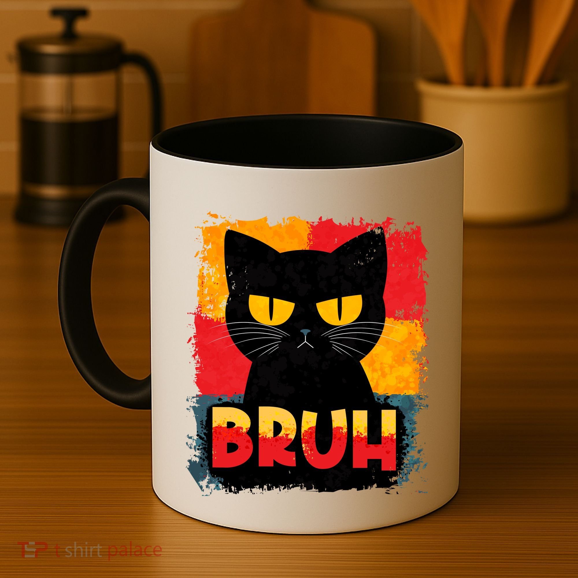 Funny Bruh Grumpy Black Cat Coffee Mug
