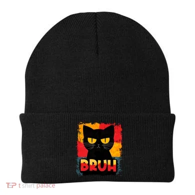 Funny Bruh Grumpy Black Cat Beanie