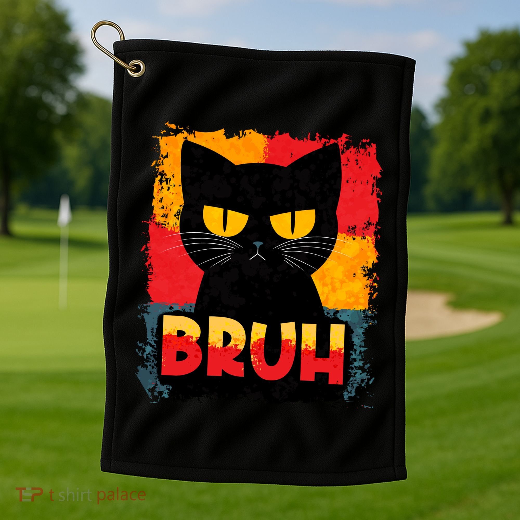 Funny Bruh Grumpy Black Cat Golf Towel