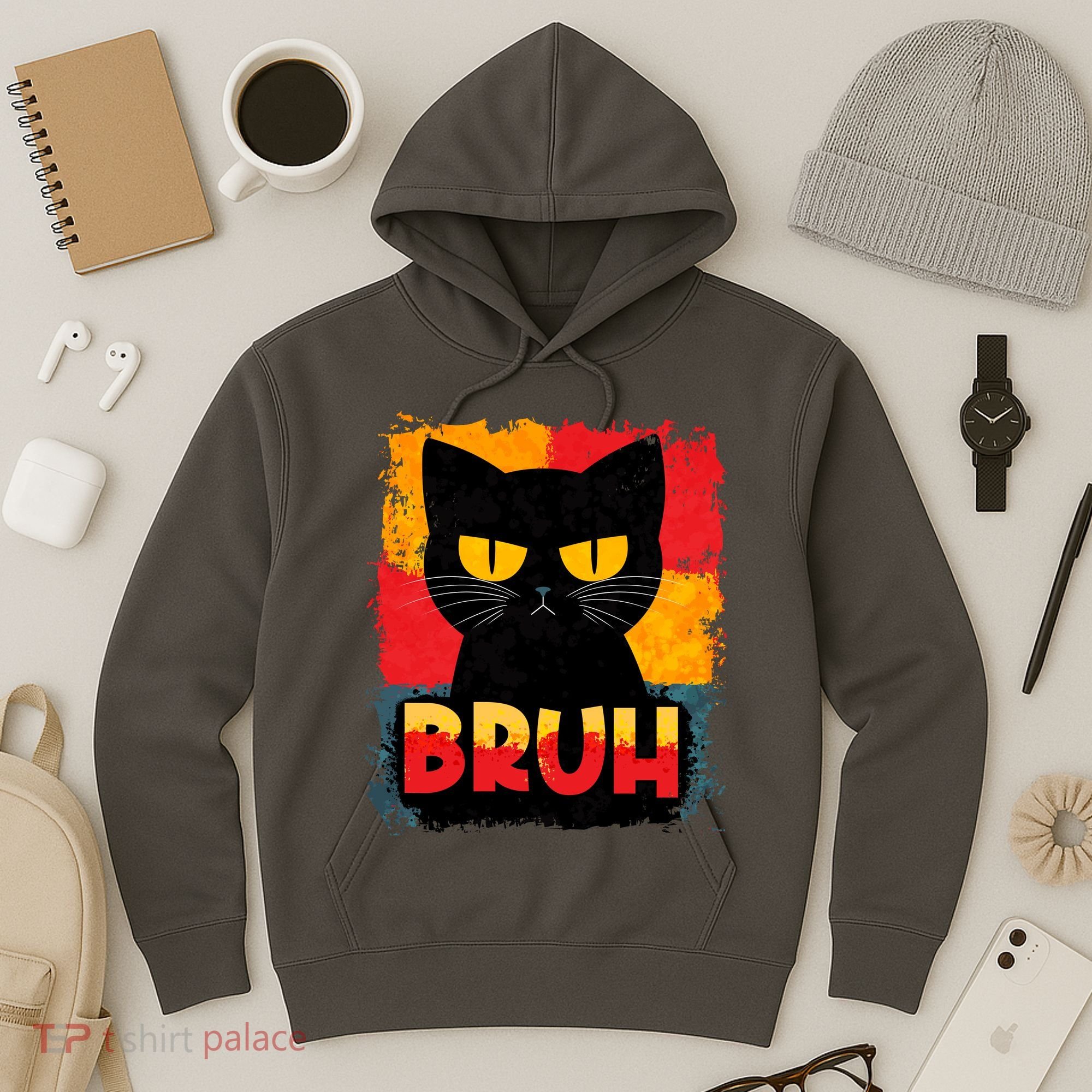 Funny Bruh Grumpy Black Cat Hoodie