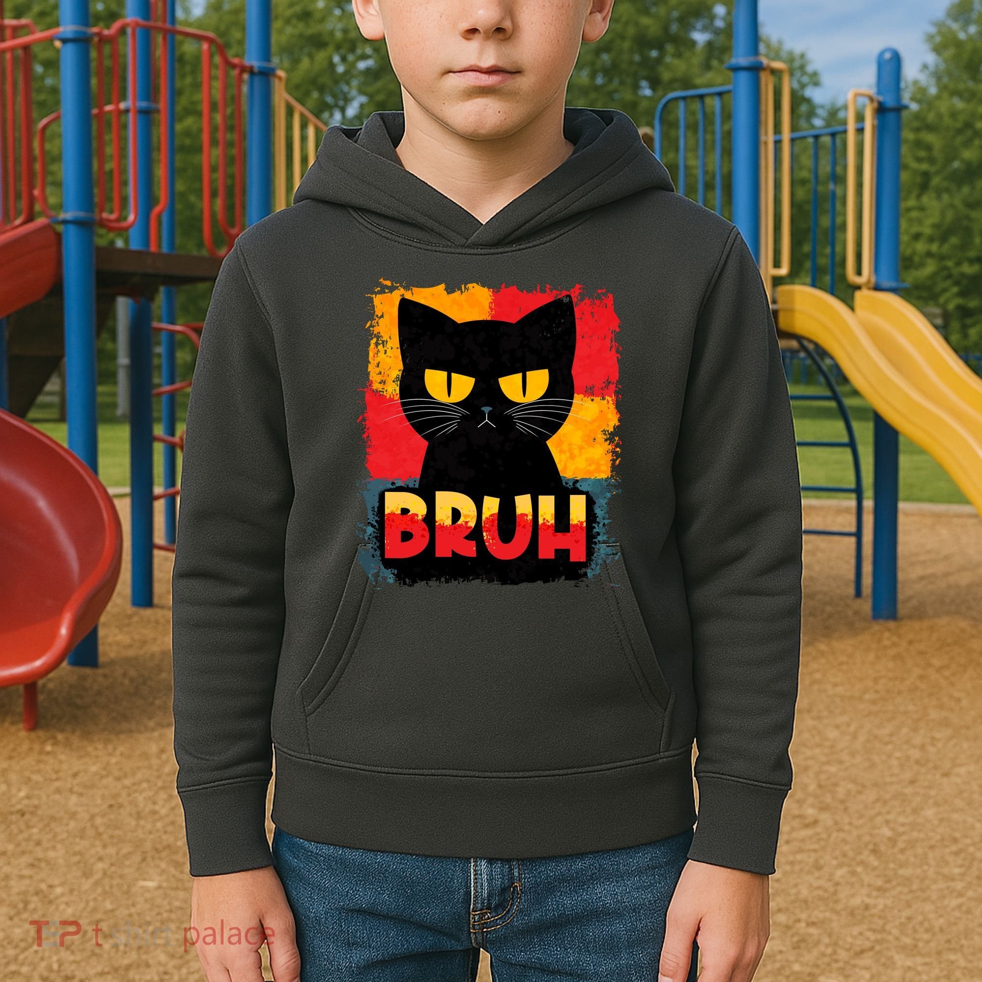 Funny Bruh Grumpy Black Cat Kids Hoodie
