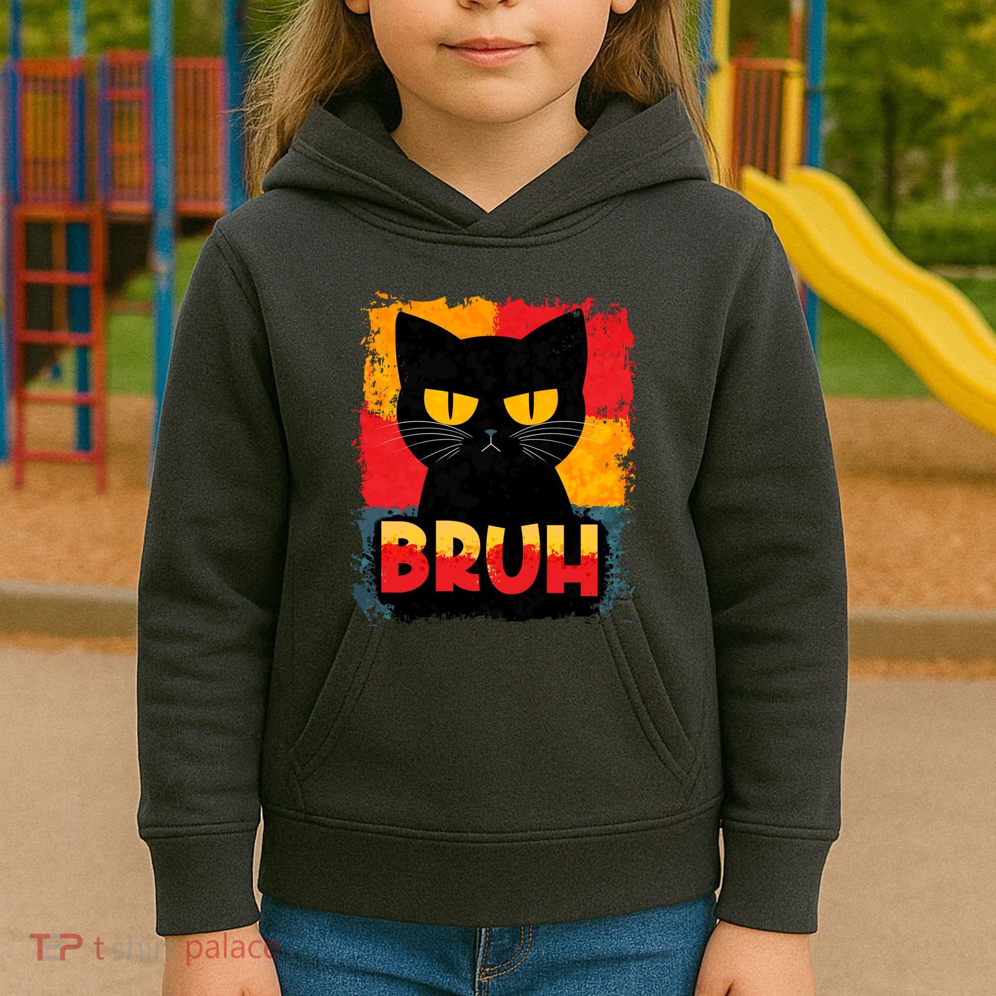 Funny Bruh Grumpy Black Cat Kids Hoodie