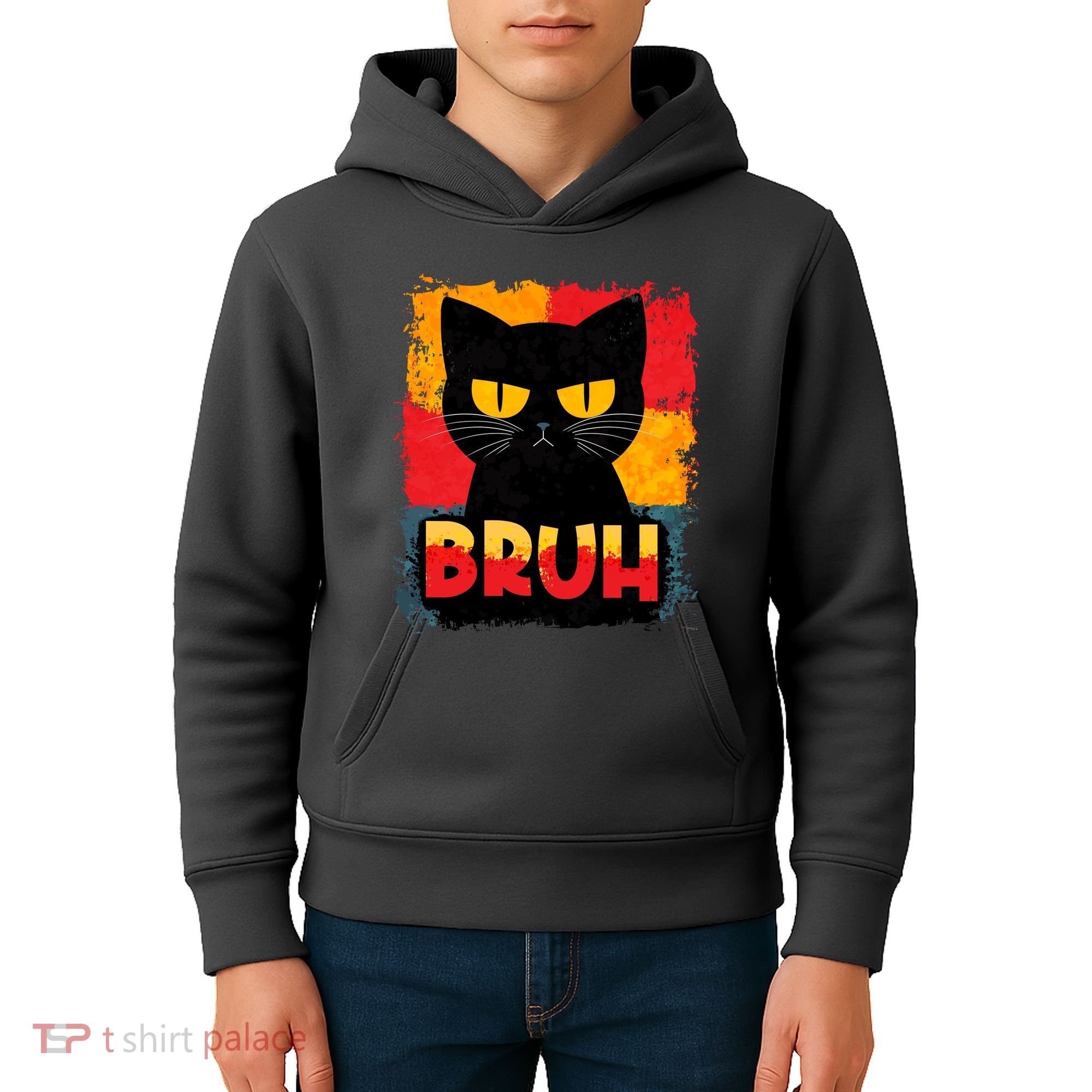 Funny Bruh Grumpy Black Cat Kids Hoodie
