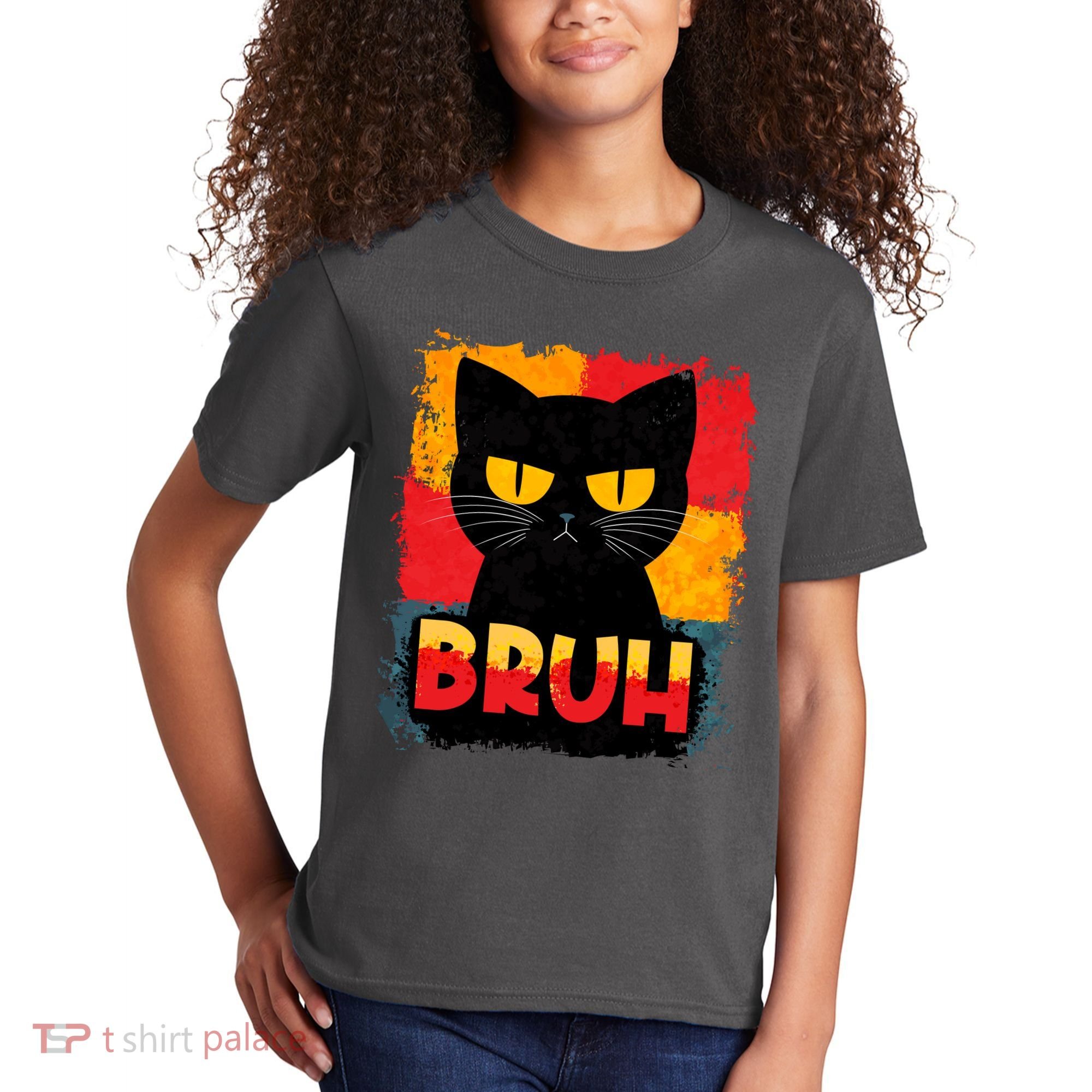 Funny Bruh Grumpy Black Cat Kids T-Shirt