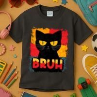 Funny Bruh Grumpy Black Cat Kids T-Shirt thumb 3