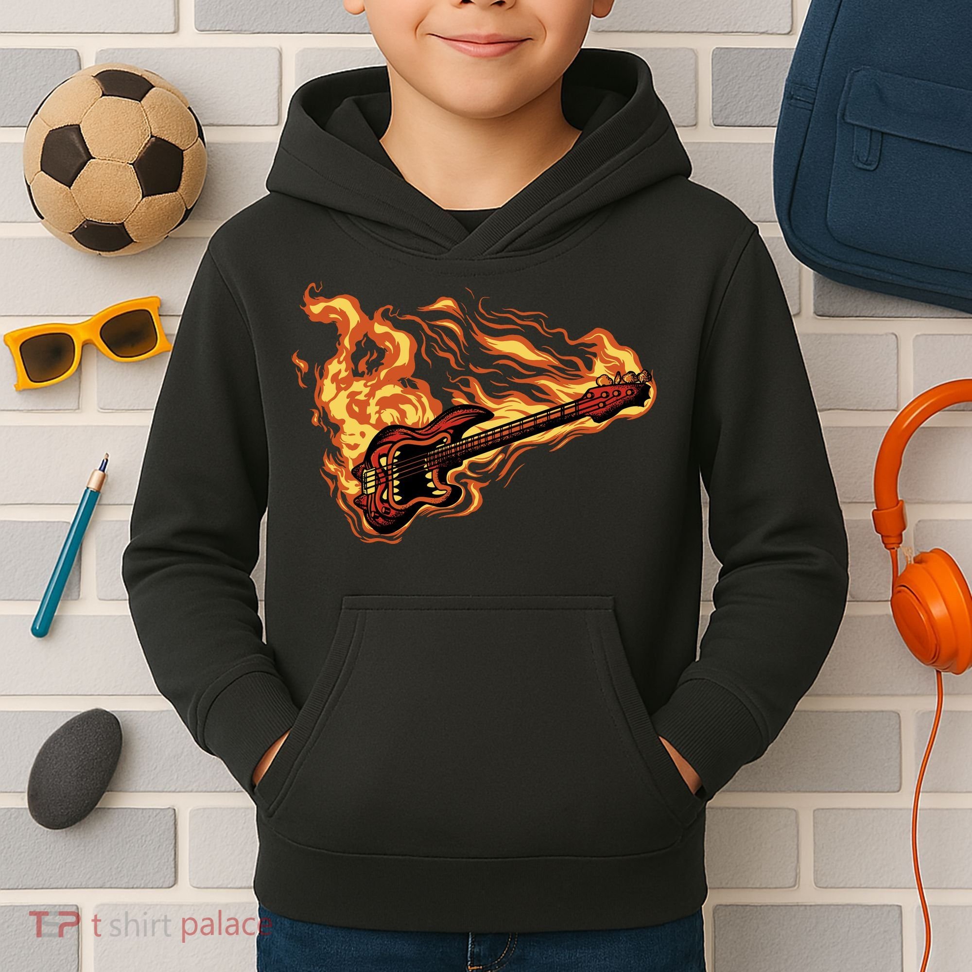 Fire Bass Guitar Rock Musician Kids Hoodie