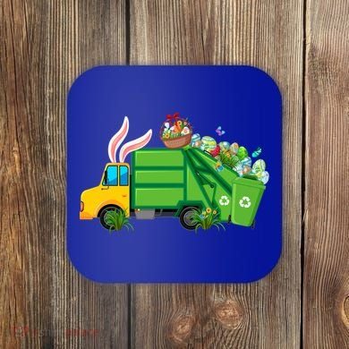 Funny Bunny Garbage Truck Colorful Eggs Easter Day Cute Gift Coaster