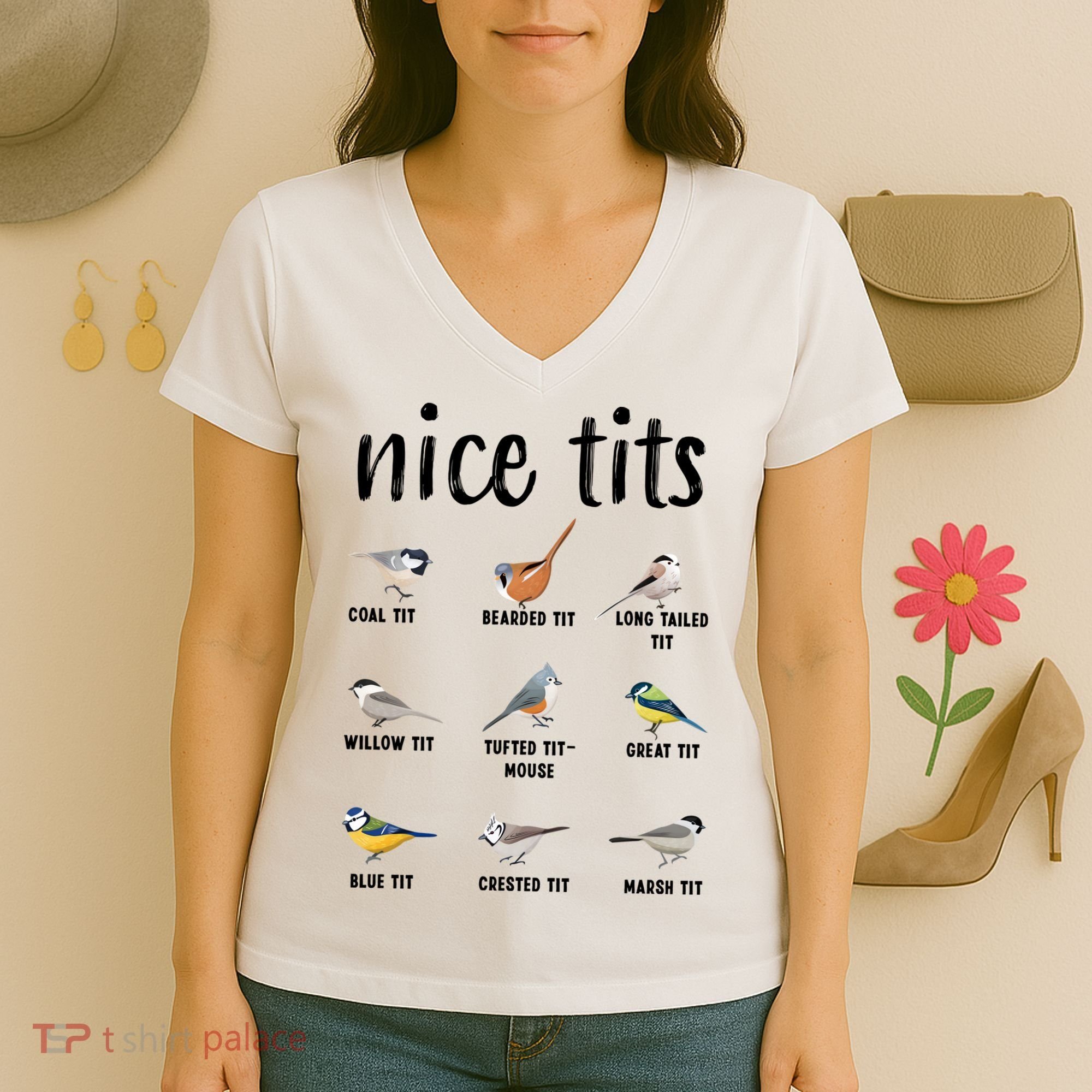 Funny Bird Gift Nice Tits Ornithology Women's V-Neck T-Shirt