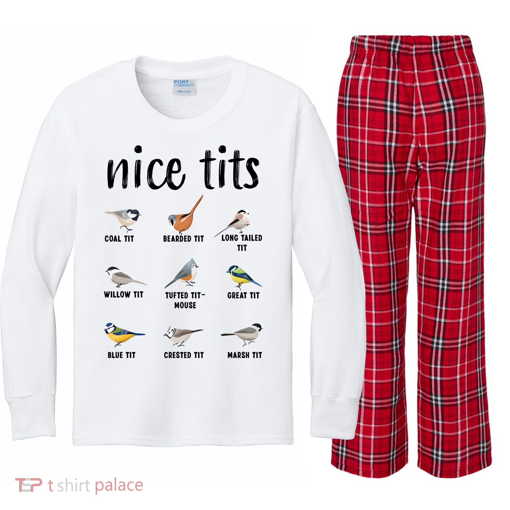 Funny Bird Gift Nice Tits Ornithology Kids Long Sleeve Plaid Pajama Set