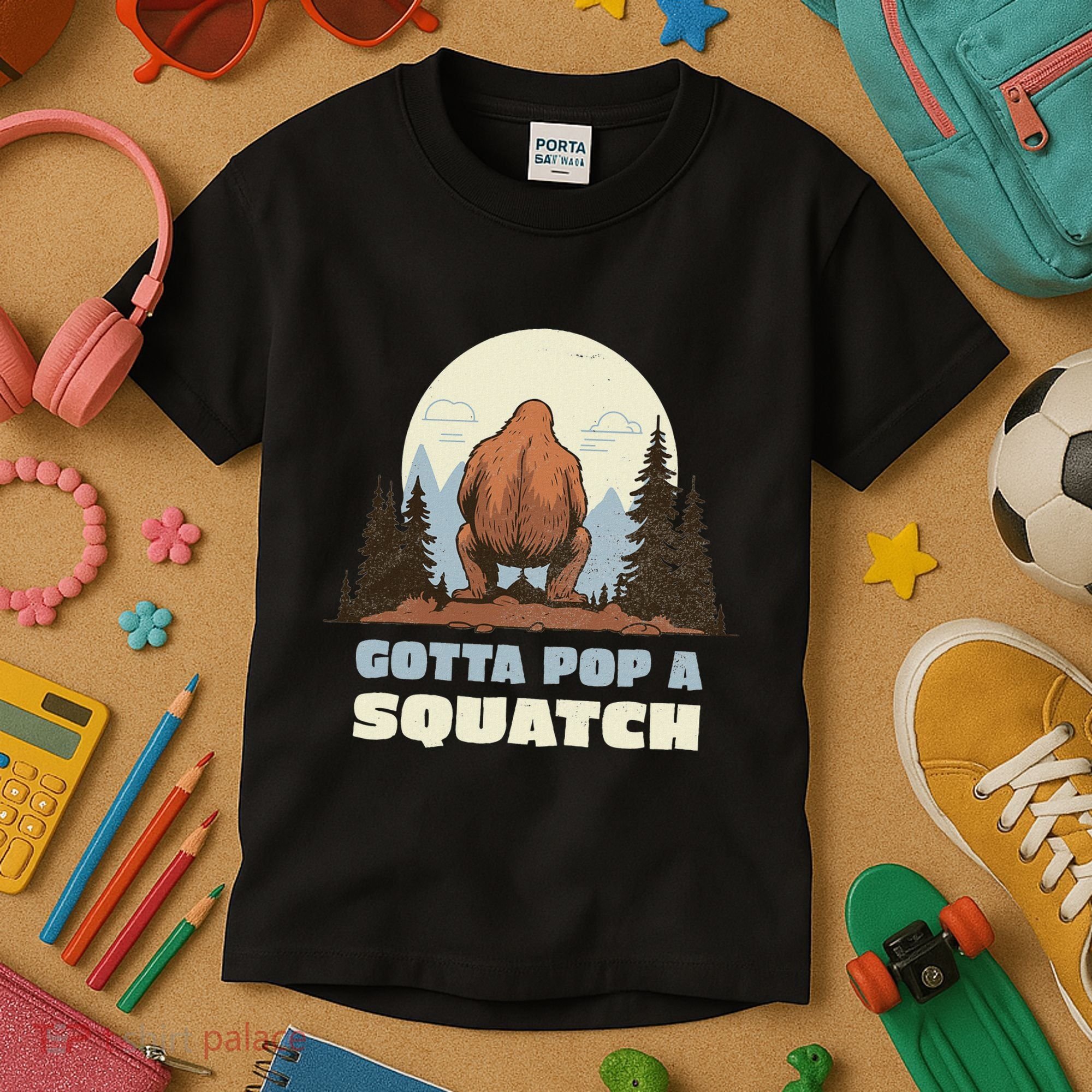 Funny Bigfoot Gotta Pop A Squatch Sasquatch Poop Joke Pun Kids T-Shirt