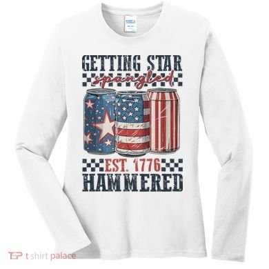 Funny Beer Getting Star Spangled Hammered 4th Of July Preppy Women's Long Sleeve Shirt