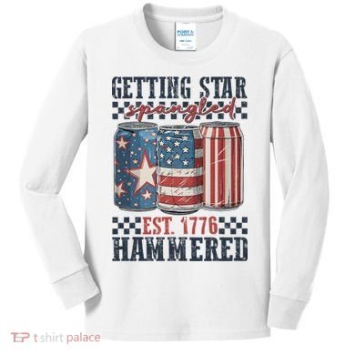 Funny Beer Getting Star Spangled Hammered 4th Of July Preppy Kids Long Sleeve Shirt