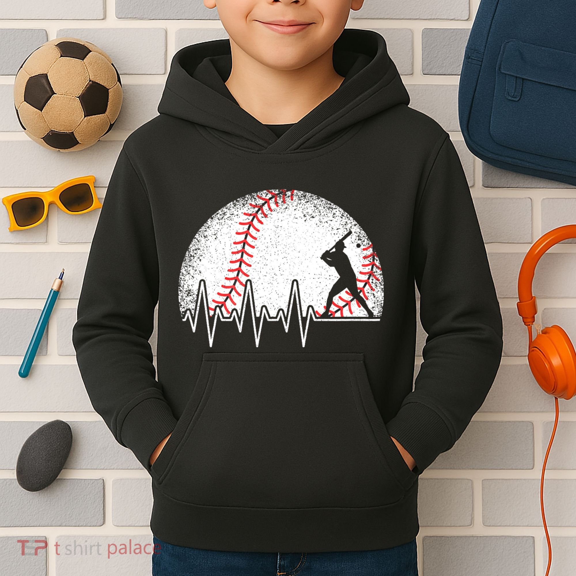 Funny Baseball Heartbeat Baseball Player Kids Hoodie