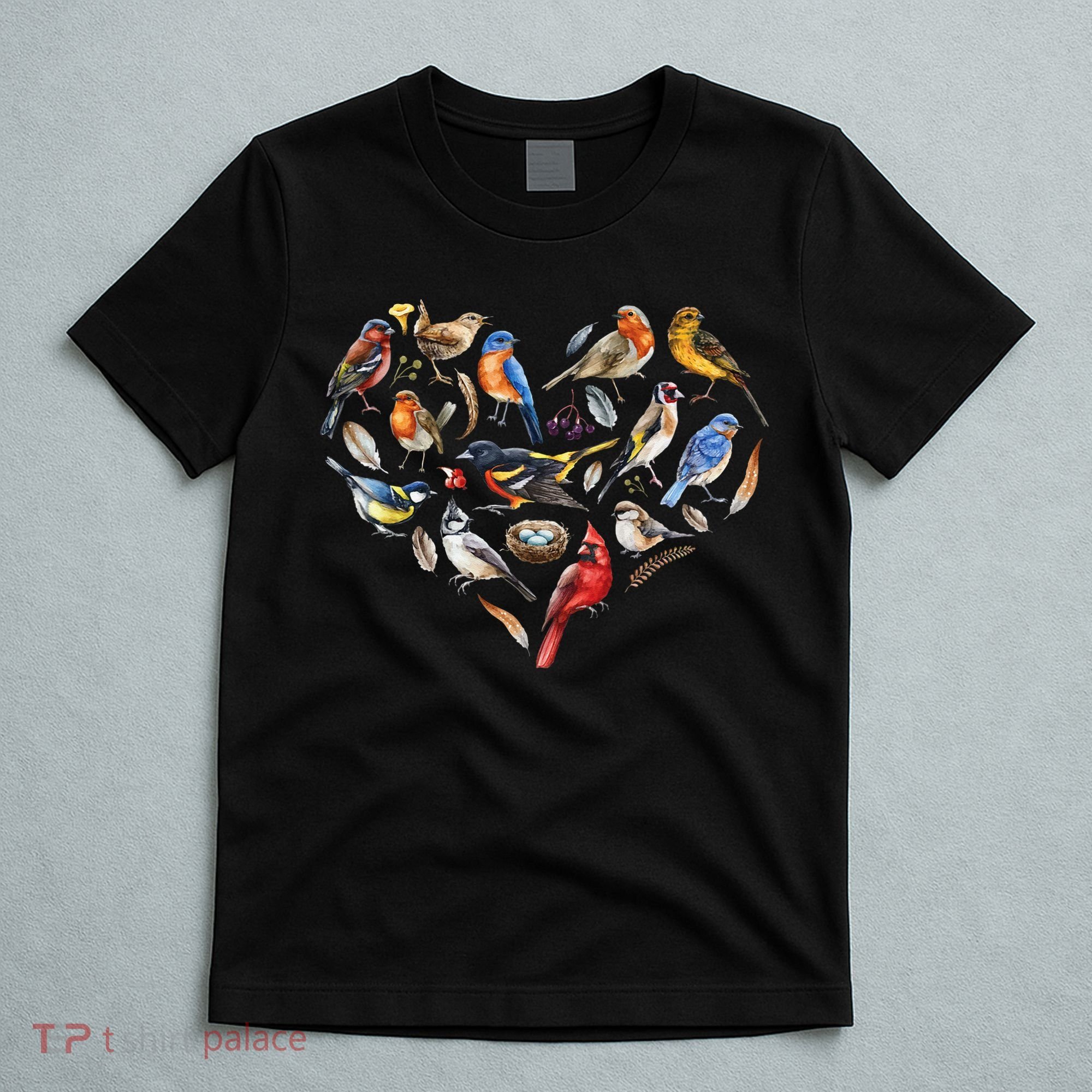 Forest Bird Heart Watching Cardinal Goldfinch Wren Chickadee T-Shirt