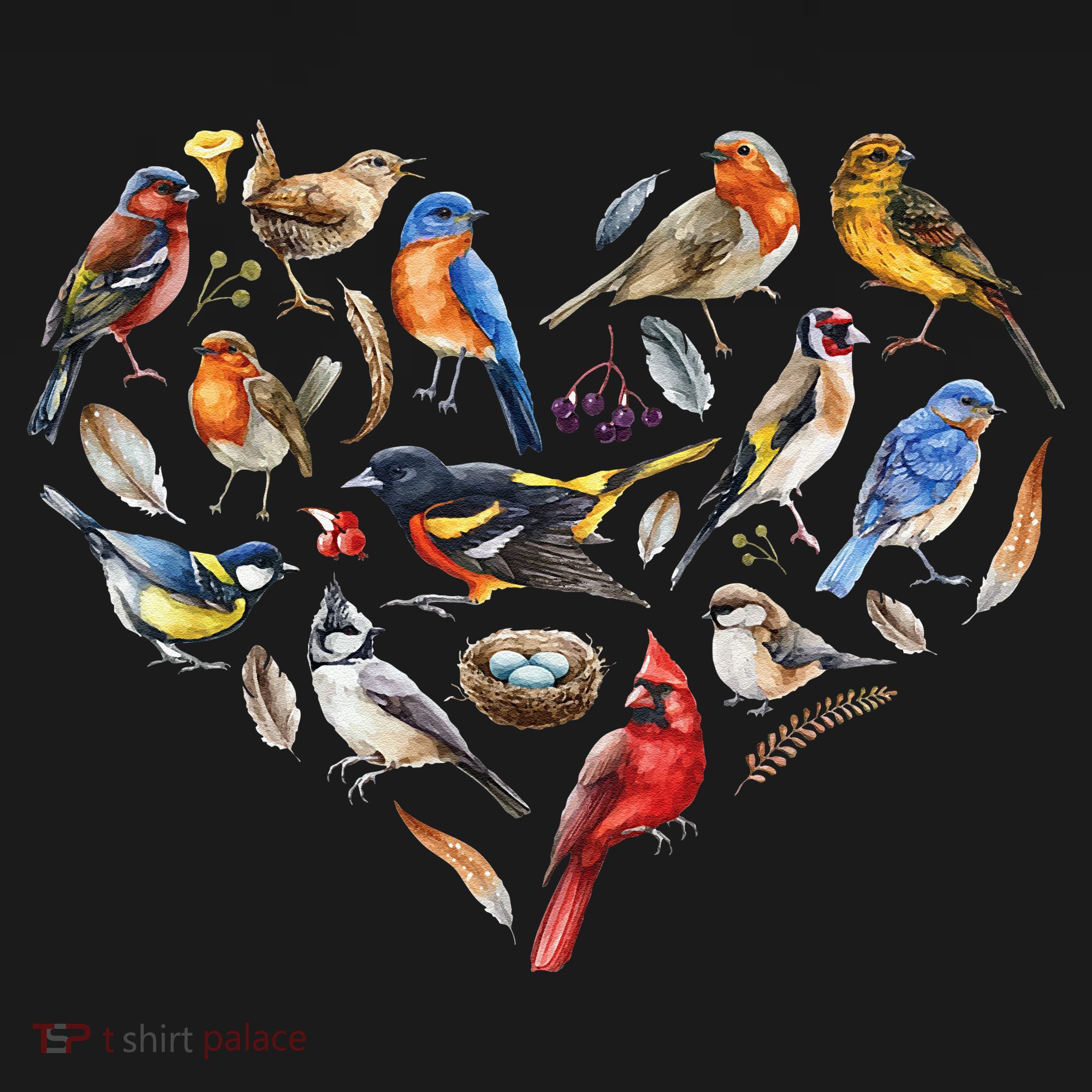 Forest Bird Heart Watching Cardinal Goldfinch Wren Chickadee T-Shirt