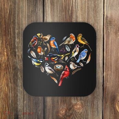 Forest Bird Heart Watching Cardinal Goldfinch Wren Chickadee Coaster