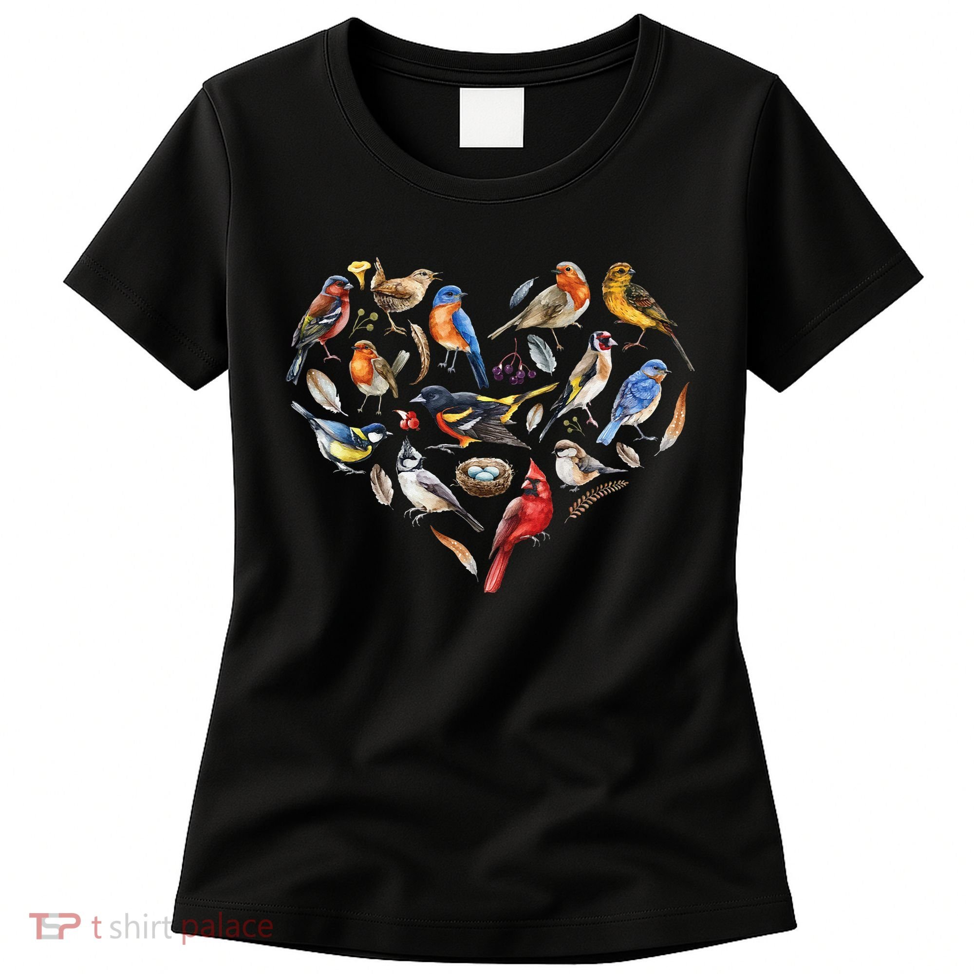 Forest Bird Heart Watching Cardinal Goldfinch Wren Chickadee Women's T-Shirt