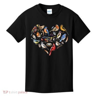 Forest Bird Heart Watching Cardinal Goldfinch Wren Chickadee Kids T-Shirt