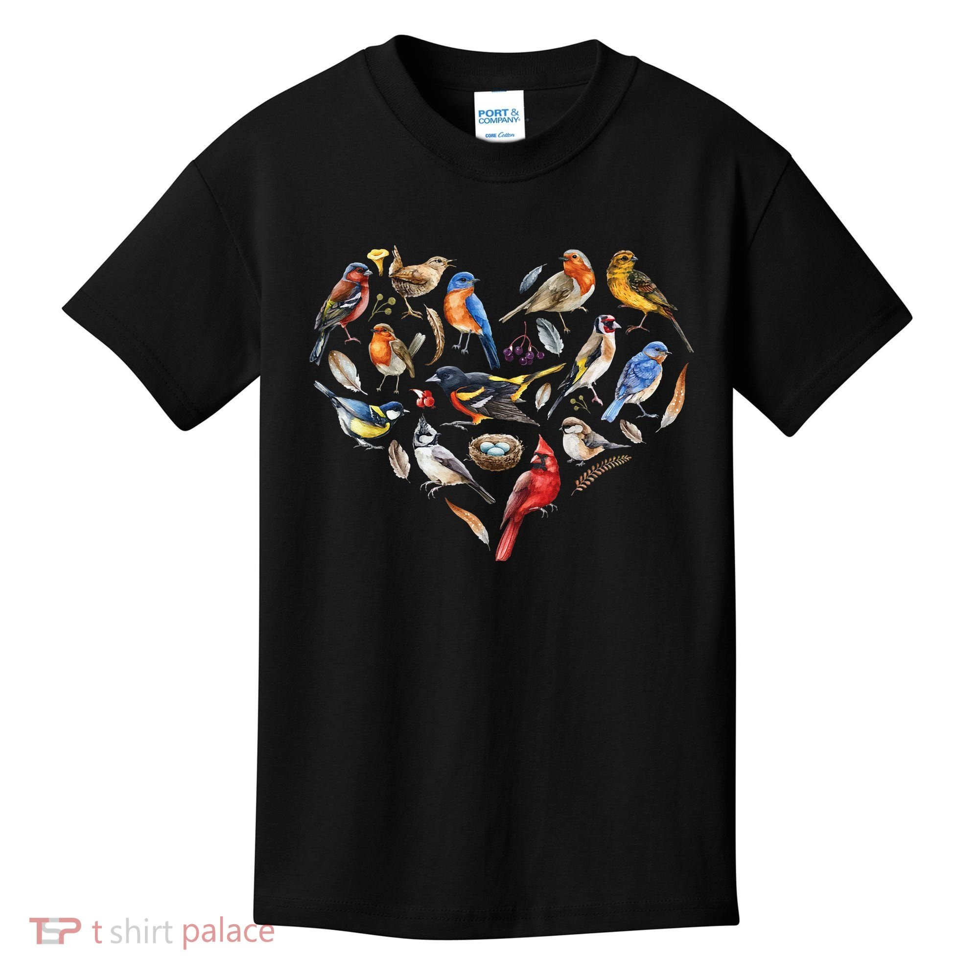 Forest Bird Heart Watching Cardinal Goldfinch Wren Chickadee Kids T-Shirt