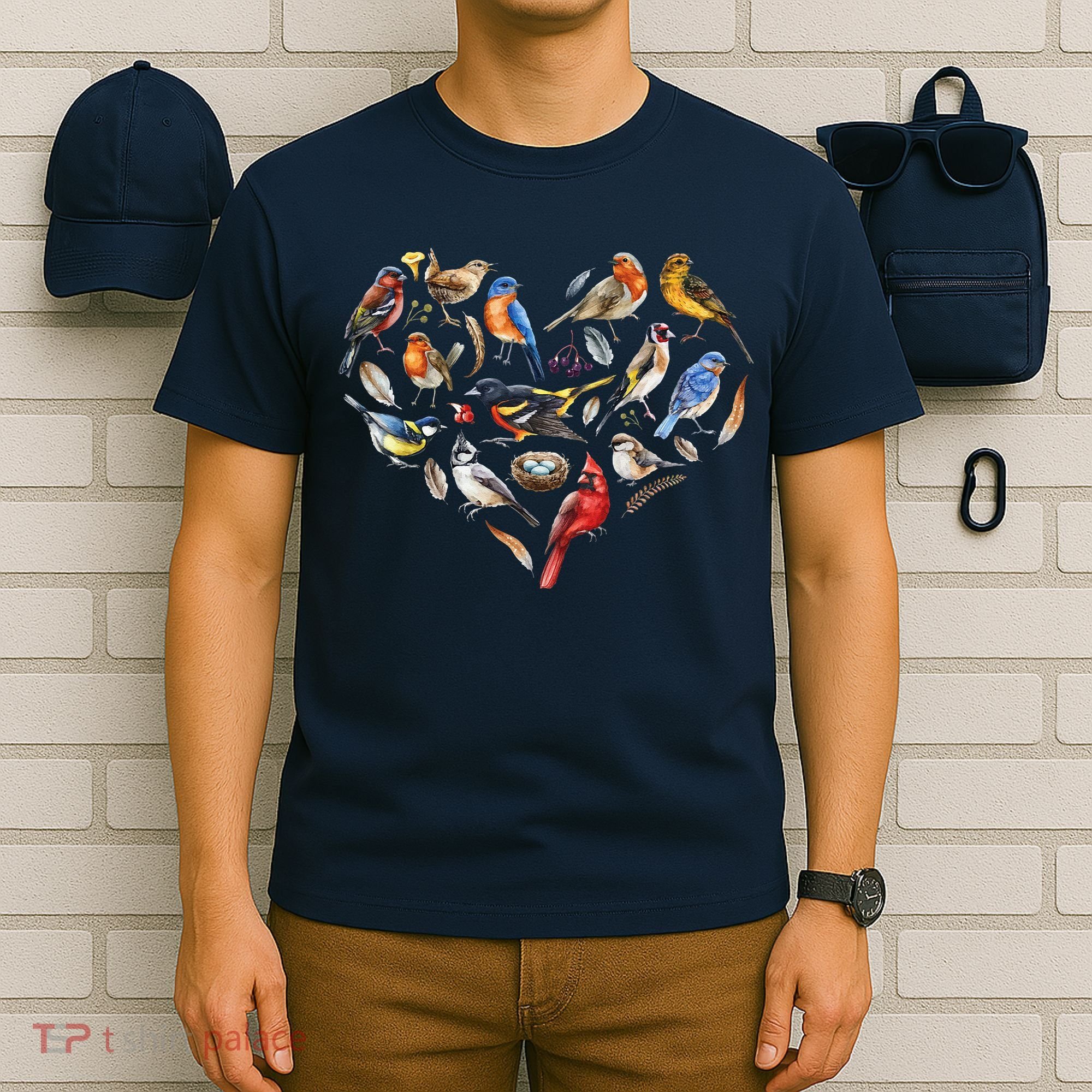 Forest Bird Heart Watching Cardinal Goldfinch Wren Chickadee T-Shirt