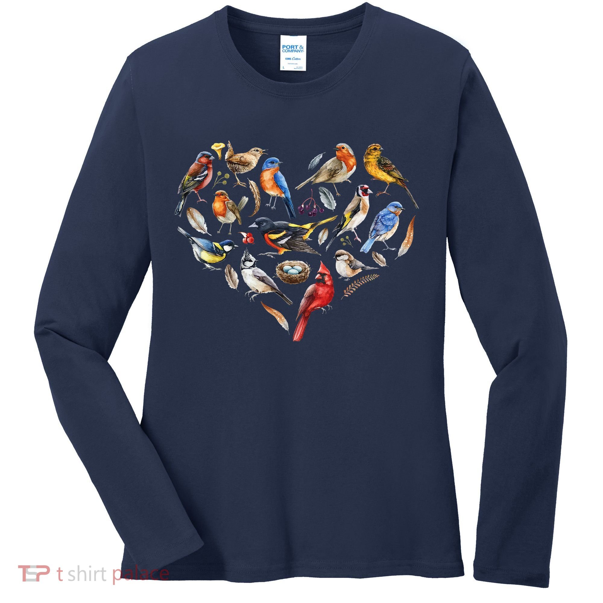 Forest Bird Heart Watching Cardinal Goldfinch Wren Chickadee Women's Long Sleeve Shirt