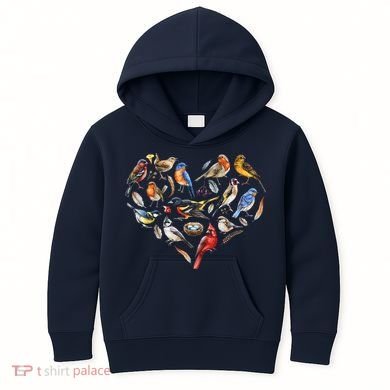 Forest Bird Heart Watching Cardinal Goldfinch Wren Chickadee Kids Hoodie