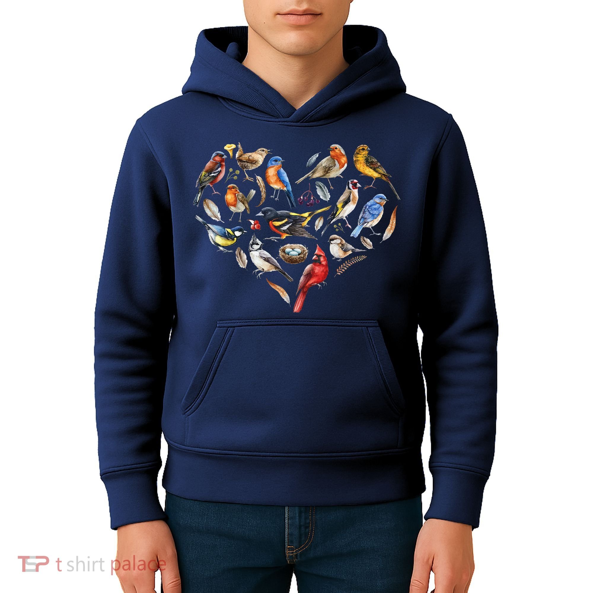 Forest Bird Heart Watching Cardinal Goldfinch Wren Chickadee Kids Hoodie