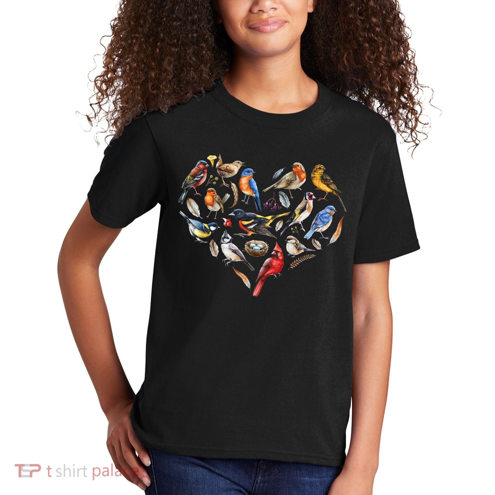 Forest Bird Heart Watching Cardinal Goldfinch Wren Chickadee Kids T-Shirt