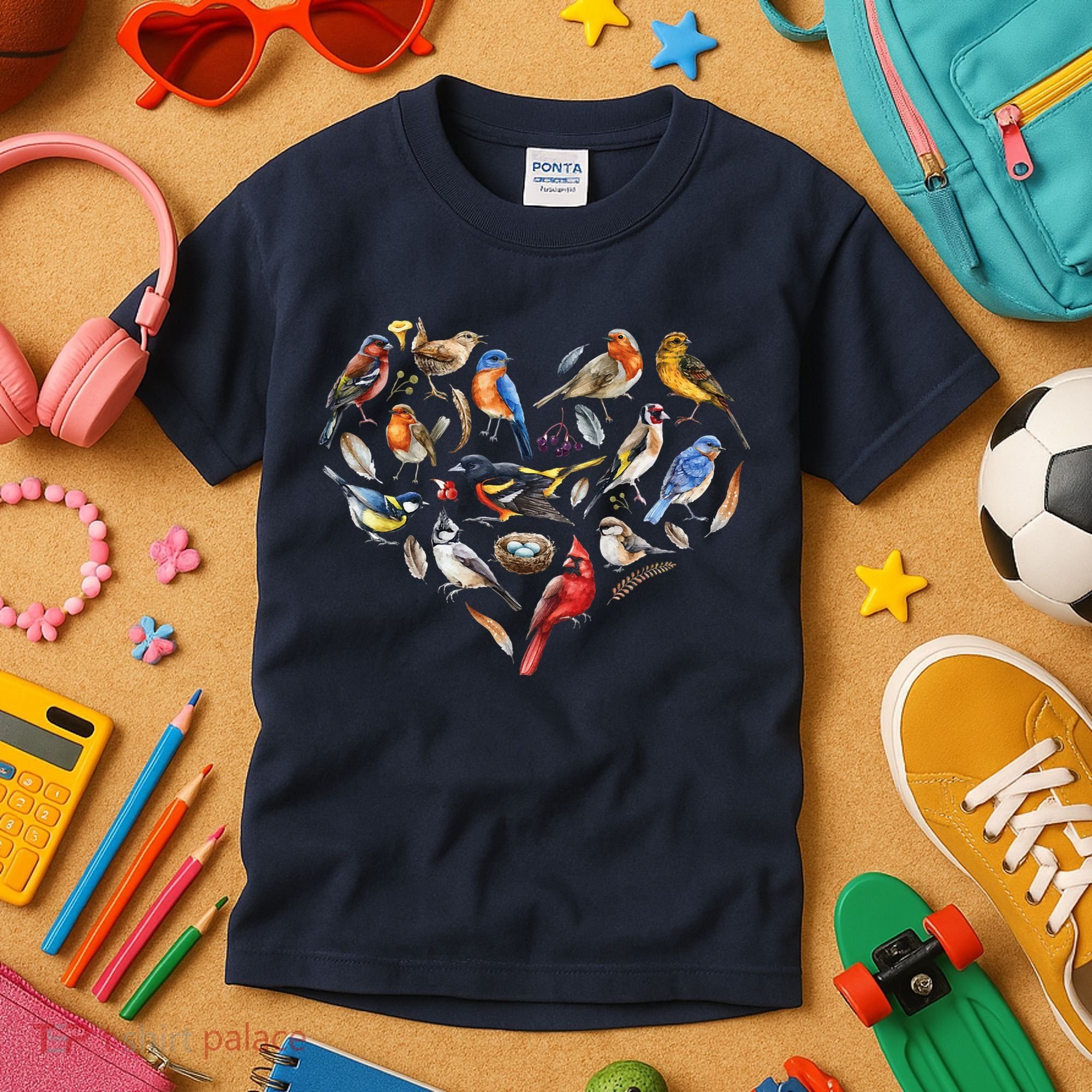Forest Bird Heart Watching Cardinal Goldfinch Wren Chickadee Kids T-Shirt