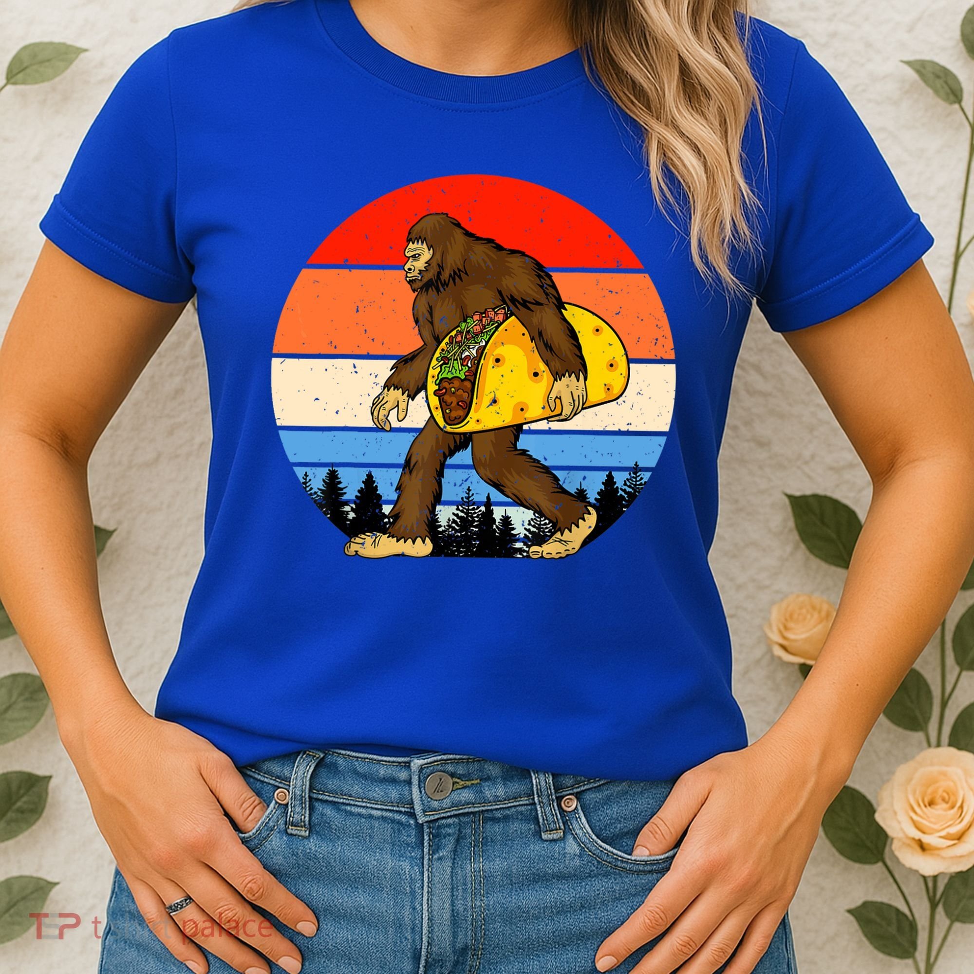 Funny Bigfoot Holding A Taco Gift Funny Taco Gift Women's T-Shirt