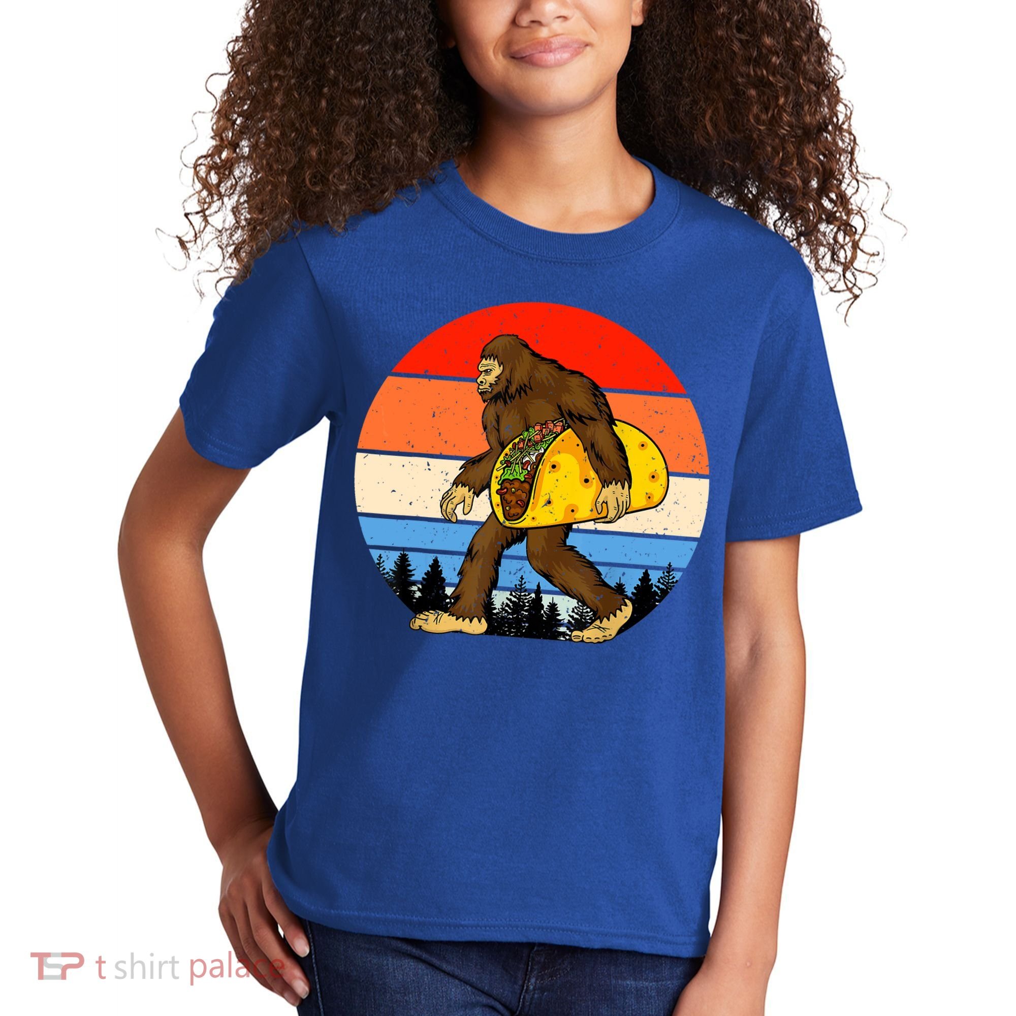 Funny Bigfoot Holding A Taco Gift Funny Taco Gift Kids T-Shirt